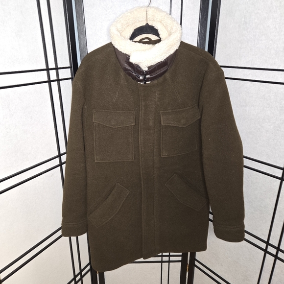 Zara Man Aviator Field Jacket Green Winter Coat Small Shearling Collar WoolBlend - Picture 3 of 7